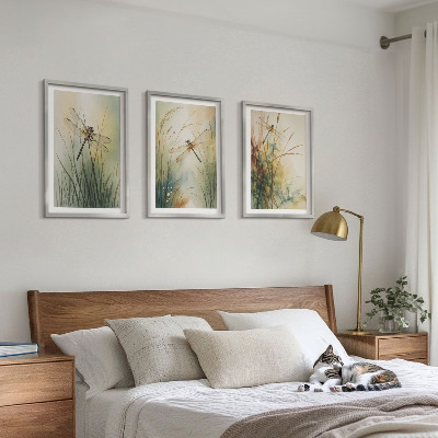 Three-piece wall art piece Dragonfly grasses above the water