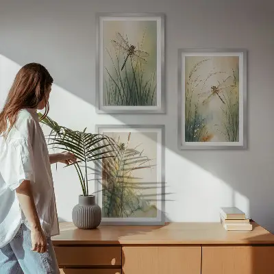 Three-piece wall art set dragonfly and grasses above the water