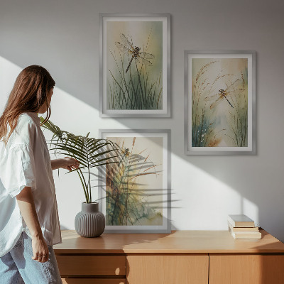 Three-piece wall art piece Dragonfly grasses above the water