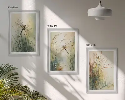 Three-piece wall art set dragonfly and grasses above the water