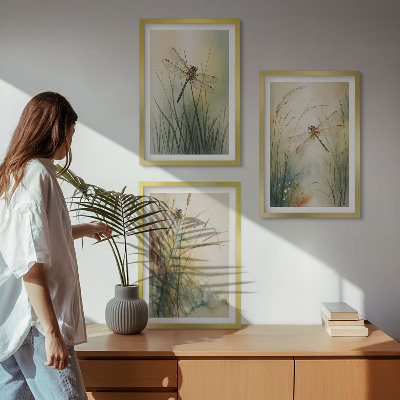 Three-piece wall art piece Dragonfly grasses above the water