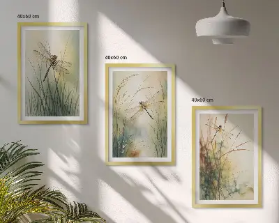 Three-piece wall art set dragonfly and grasses above the water