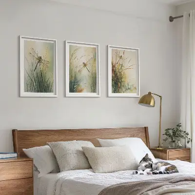 Three-piece wall art set dragonfly and grasses above the water