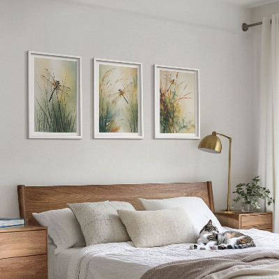 Three-piece wall art piece Dragonfly grasses above the water