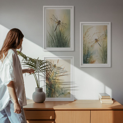 Three-piece wall art piece Dragonfly grasses above the water