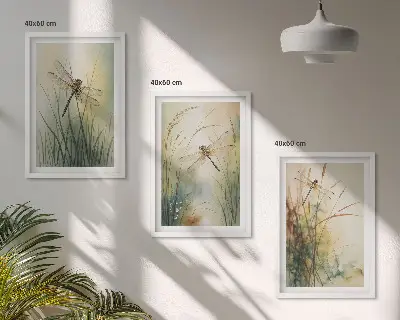 Three-piece wall art set dragonfly and grasses above the water