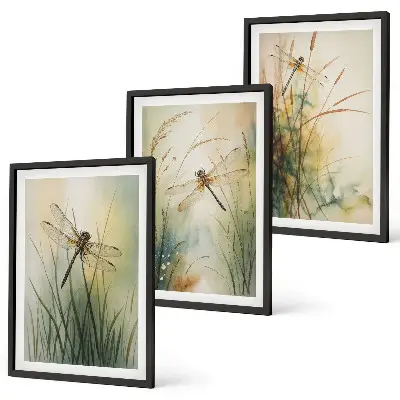 Three-piece wall art set dragonfly and grasses above the water