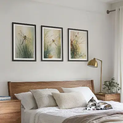 Three-piece wall art set dragonfly and grasses above the water