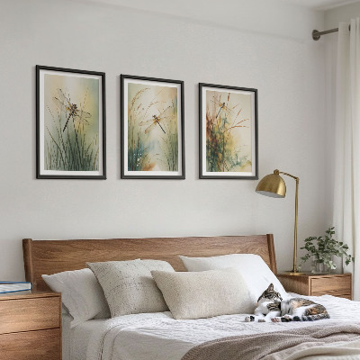 Three-piece wall art piece Dragonfly grasses above the water