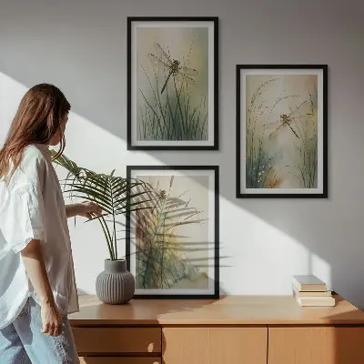 Three-piece wall art set dragonfly and grasses above the water