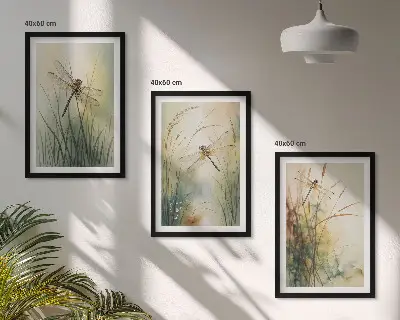 Three-piece wall art set dragonfly and grasses above the water