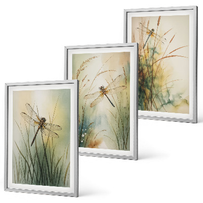 Three-piece wall art piece Dragonfly grasses above the water