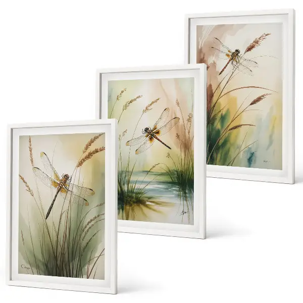 Dragonfly wall art set set of 3 framed paintings featuring grass and water