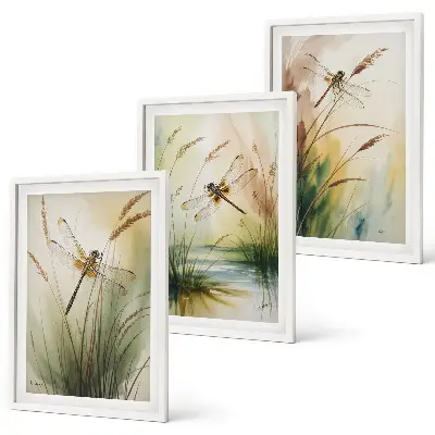 Dragonfly wall art set set of 3 framed paintings featuring grass and water