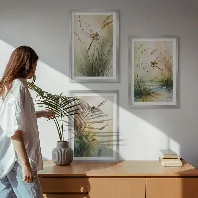 Dragonfly wall art set set of 3 framed paintings featuring grass and water