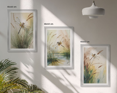 Set of 3 framed wall art pieces Dragonflies grass water painting