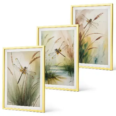 Dragonfly wall art set set of 3 framed paintings featuring grass and water