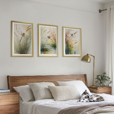 Set of 3 framed wall art pieces Dragonflies grass water painting