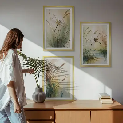 Dragonfly wall art set set of 3 framed paintings featuring grass and water