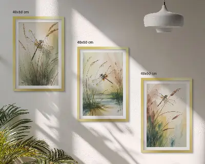 Dragonfly wall art set set of 3 framed paintings featuring grass and water