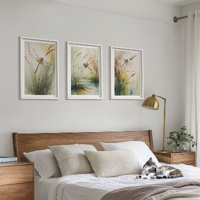 Set of 3 framed wall art pieces Dragonflies grass water painting