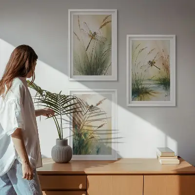 Dragonfly wall art set set of 3 framed paintings featuring grass and water