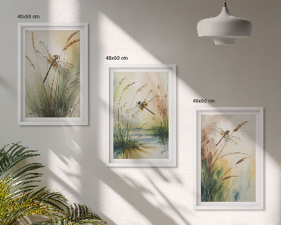 Set of 3 framed wall art pieces Dragonflies grass water painting