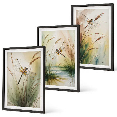 Set of 3 framed wall art pieces Dragonflies grass water painting