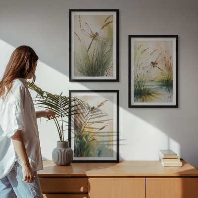 Set of 3 framed wall art pieces Dragonflies grass water painting