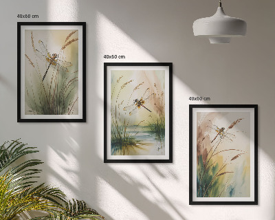 Set of 3 framed wall art pieces Dragonflies grass water painting