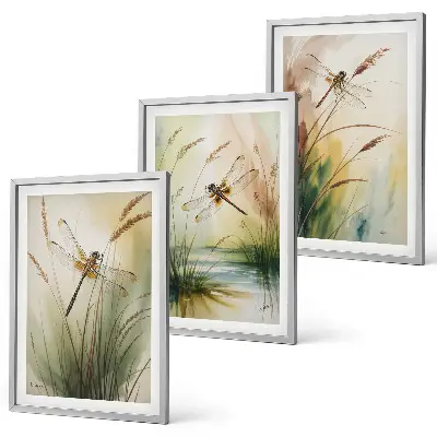 Dragonfly wall art set set of 3 framed paintings featuring grass and water