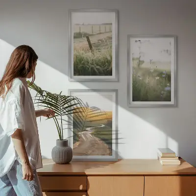 Wall art set featuring a landscape of a meadow road in the west
