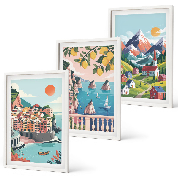 Set of 3 framed wall art pieces Colorful mountains and cities