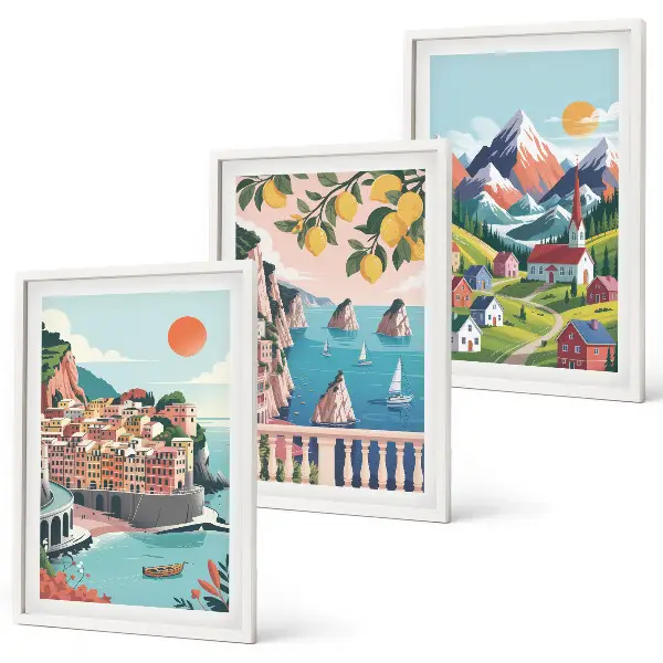 Set of 3 framed wall art pieces with colorful mountains and cities