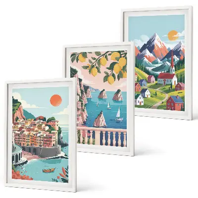 Set of 3 framed wall art pieces with colorful mountains and cities