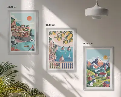 Set of 3 framed wall art pieces with colorful mountains and cities