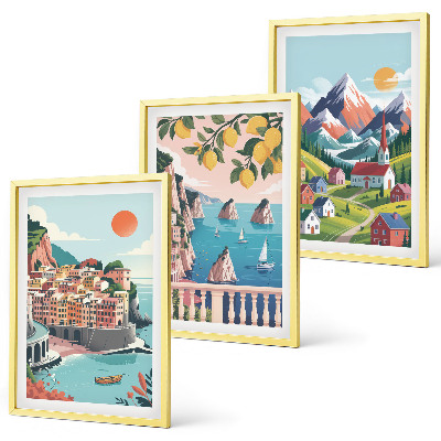 Set of 3 framed wall art pieces Colorful mountains and cities