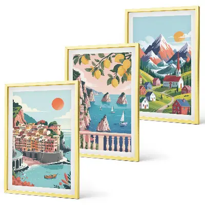 Set of 3 framed wall art pieces with colorful mountains and cities