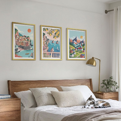 Set of 3 framed wall art pieces Colorful mountains and cities