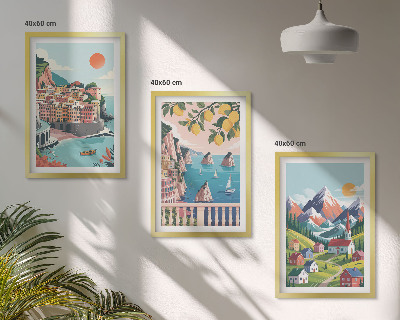 Set of 3 framed wall art pieces Colorful mountains and cities