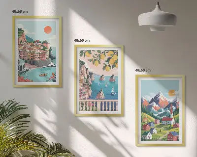 Set of 3 framed wall art pieces with colorful mountains and cities