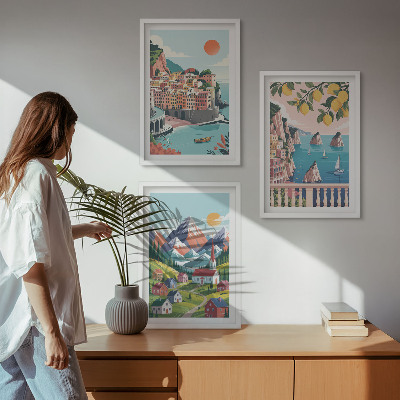 Set of 3 framed wall art pieces Colorful mountains and cities