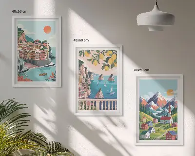 Set of 3 framed wall art pieces with colorful mountains and cities