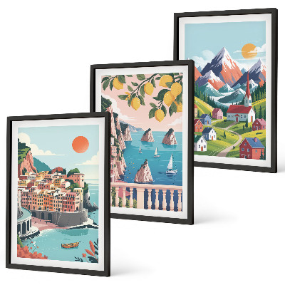 Set of 3 framed wall art pieces Colorful mountains and cities