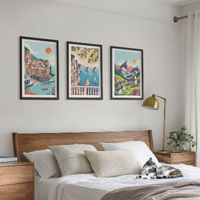 Set of 3 framed wall art pieces Colorful mountains and cities