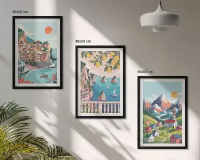 Set of 3 framed wall art pieces with colorful mountains and cities