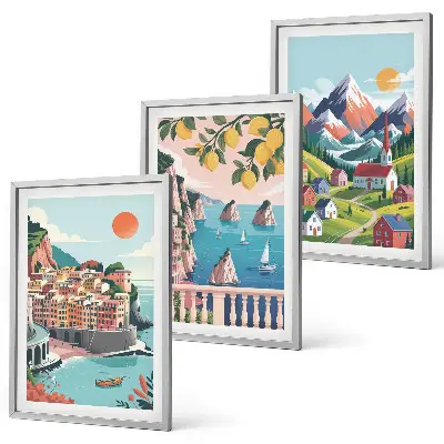 Set of 3 framed wall art pieces with colorful mountains and cities