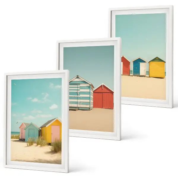 Wall art set colorful houses by the beach under the sun