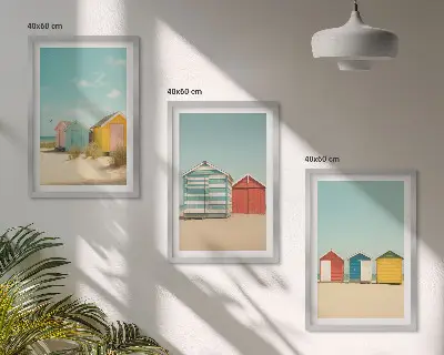 Wall art set colorful houses by the beach under the sun