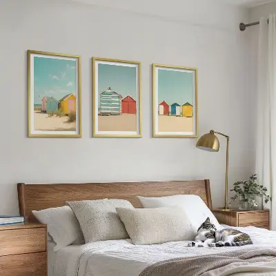 Wall art set colorful houses by the beach under the sun